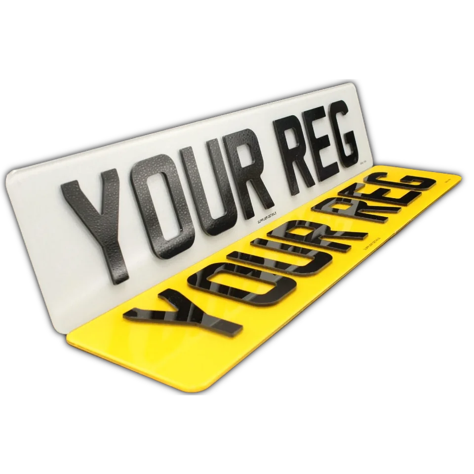White front and yellow rear number plates with raised black acrylic digits.