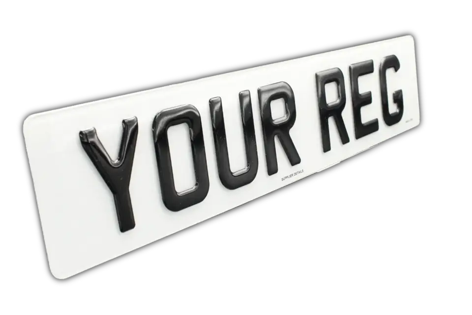 A white number plate with raised black gel digits.