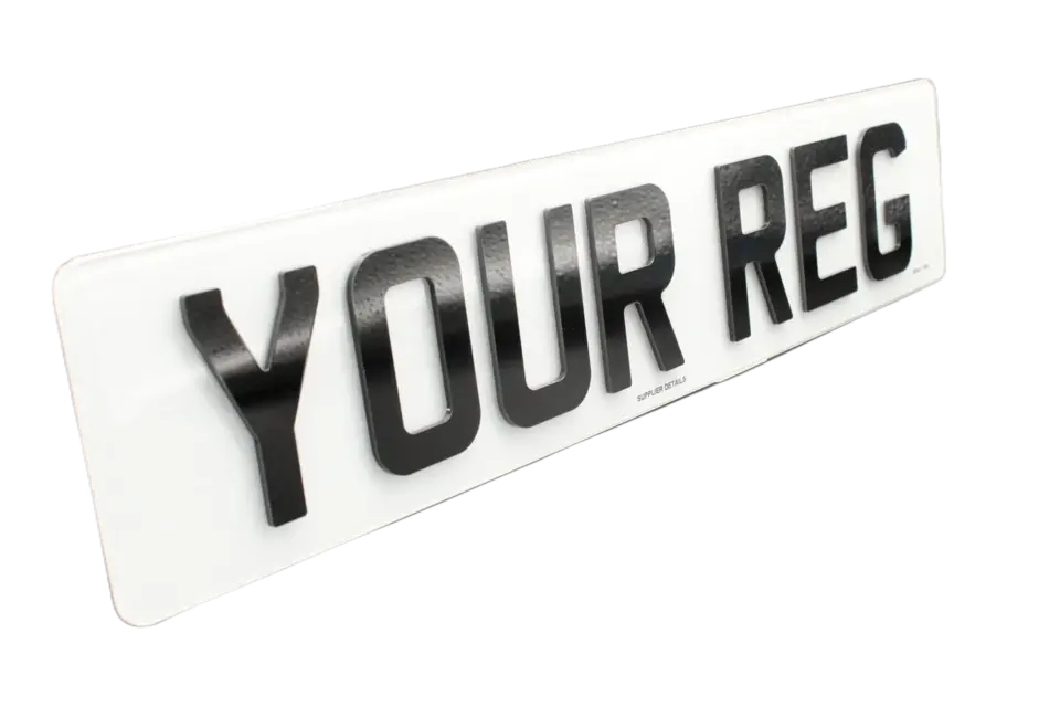 White number plate with 3mm raised black acrylic characters, viewed at an angle.
