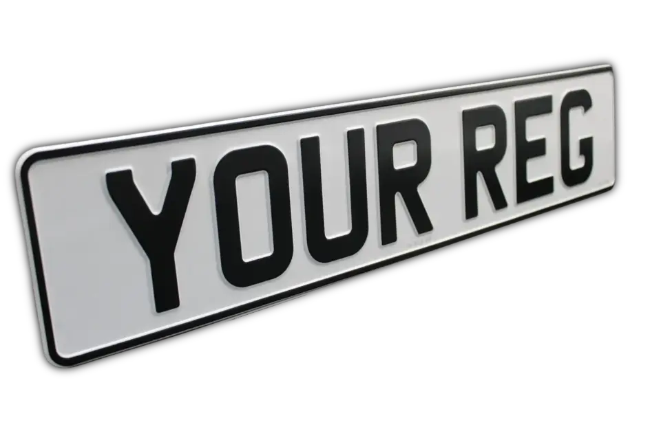 White pressed metal number plate with raised black characters and a black border.