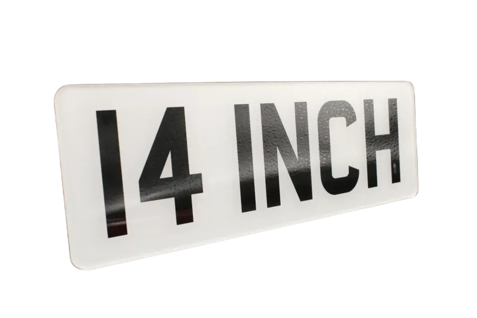 White 14-inch short number plate showing the shorter rectangular format.