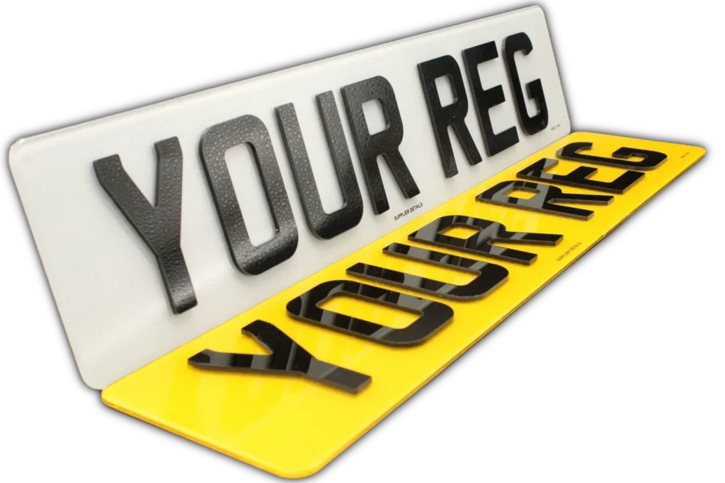 A pair of 4D number plates showing the flat black faces and raised acrylic edges.