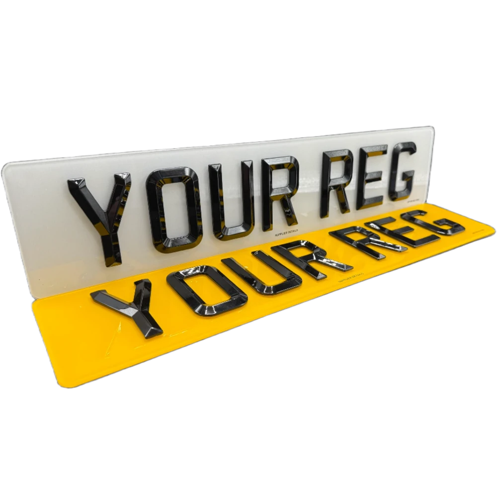 Yellow and White number plate with raised black Retro characters and bevelled edges.